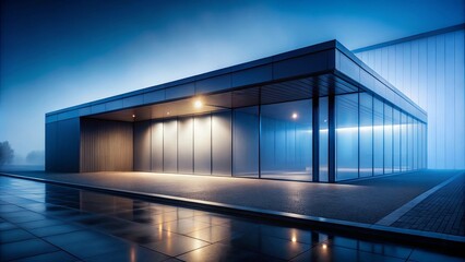 Obraz premium Modern architectural design of a sleek glass and metal building at twilight