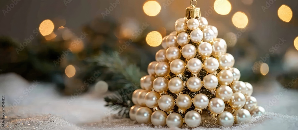 Poster elegant christmas tree decoration featuring shimmering pearls with warm bokeh lights in the backgrou