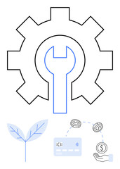 Gear with wrench inside representing integration below are a plant leaf, credit card, coins, and hand exchanging money. Ideal for financial services, credit management, investment, payments, repair