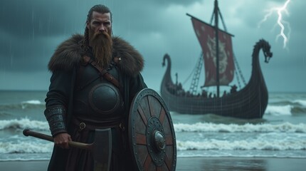 Naklejka premium Fierce Viking Warrior in a Storm