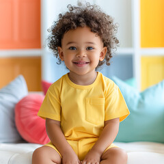 Fototapeta premium Young child is sitting on a couch wearing a yellow shirt and shorts