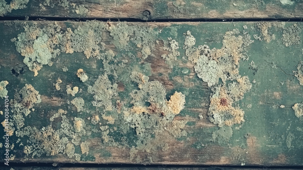 Poster Mold and fungus growth on an aged wooden table surface creating a textured background for artistic or design use.