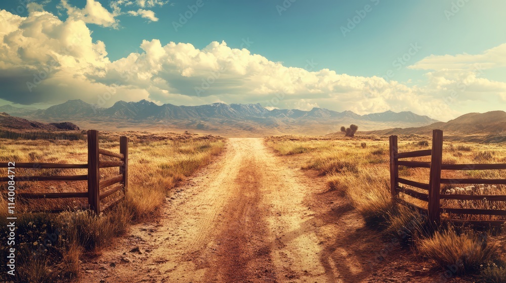 Poster serene dirt road leading from a rustic gate into a vast desert landscape under a bright sky with dis