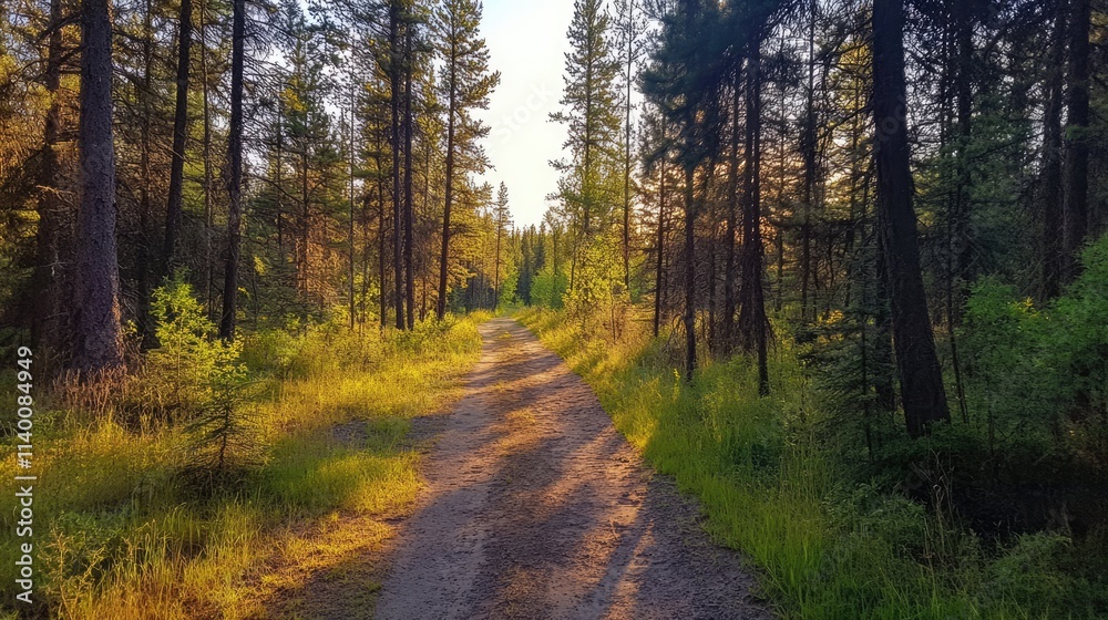 Poster serene dirt path winding through a lush green forest with tall trees and warm sunlight filtering thr