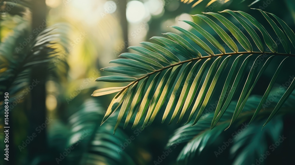 Poster lush green palm leaves with soft bokeh background showcasing a serene garden atmosphere perfect for 