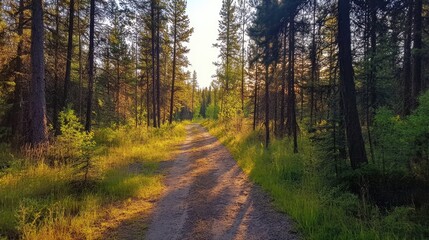 Serene dirt path winding through a lush green forest with tall trees and warm sunlight filtering through the foliage