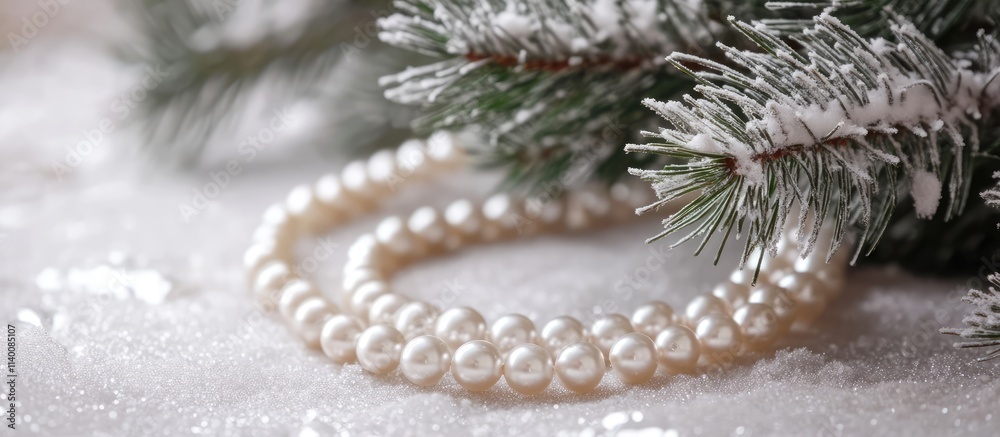 Poster christmas tree decoration featuring elegant pearl strands nestled in a snowy winter setting with eve