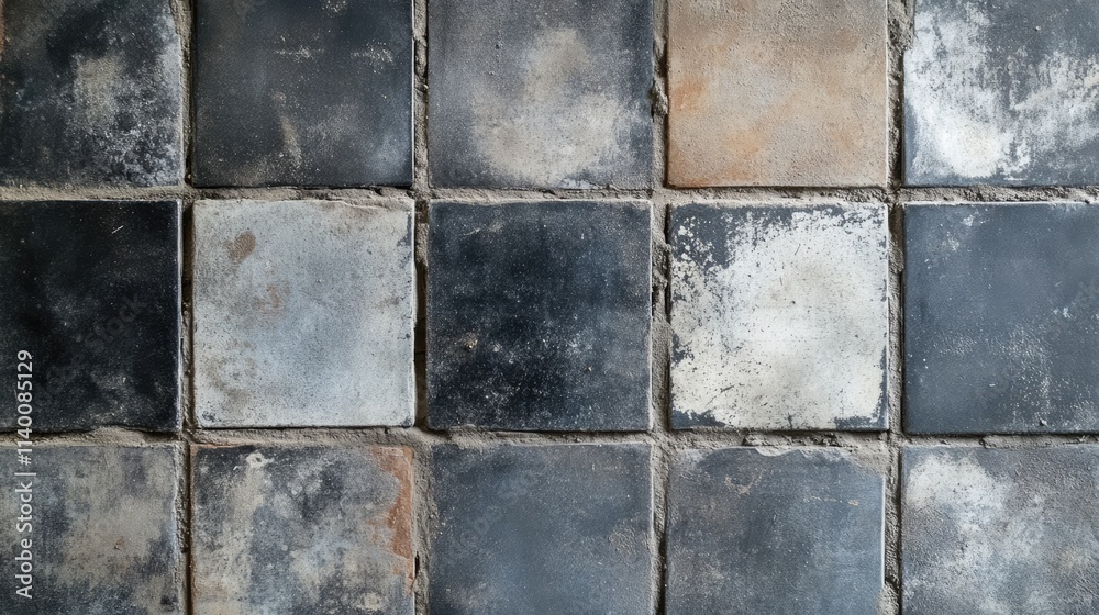 Poster aged kitchen floor tiles with grouting stains creating an abstract backdrop for design or renovation