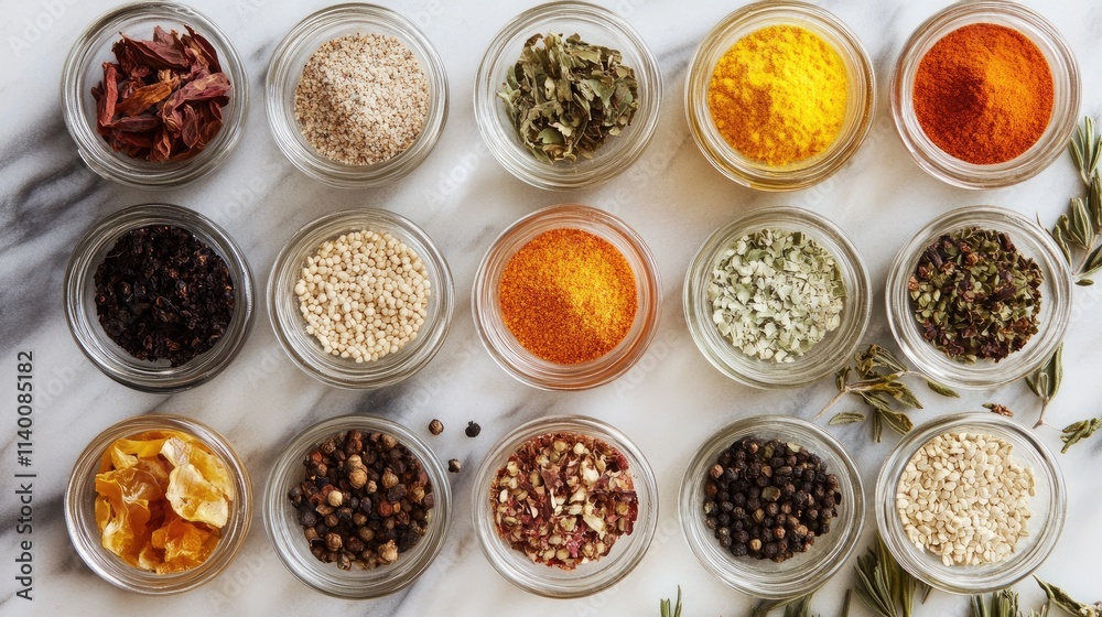 Aufkleber assorted spices and herbs in glass jars on marble surface for culinary diversity and flavor enrichme