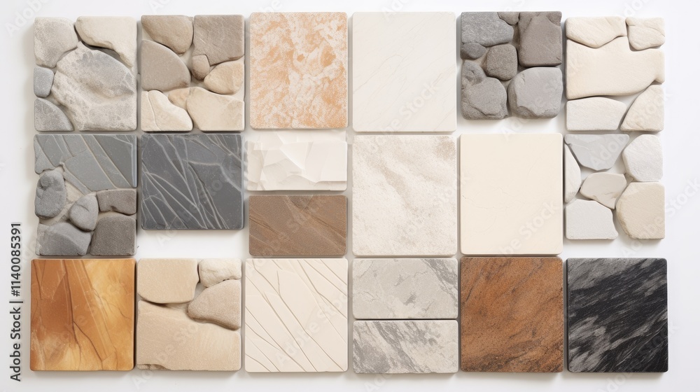 Aufkleber stone tile samples arranged on white background showcasing versatile textures and colors for interio