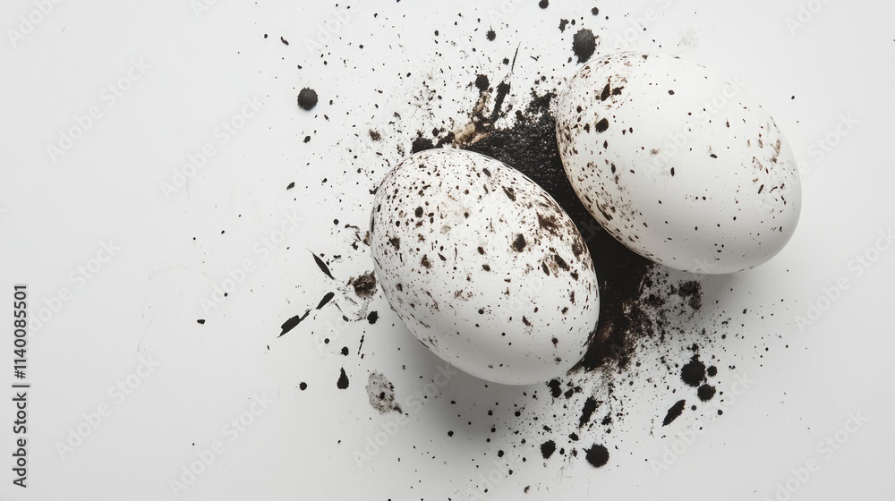 Poster dirty white eggs surrounded by dark soil and splatters on a clean white background showcasing contra