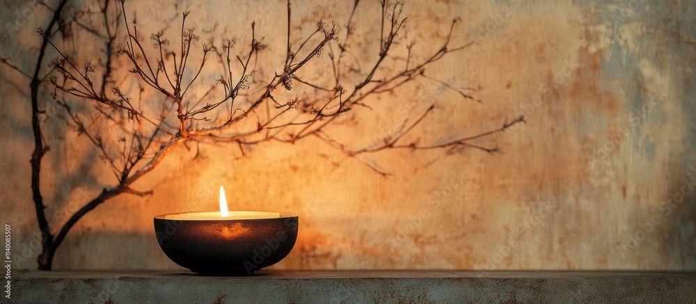 Poster warm ambiance with decorative branches and a candle in contemporary setting on textured wall backgro