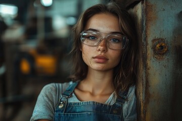 Naklejka premium A young woman with freckles, wearing glasses and denim overalls, leans against a rusty metal surface.