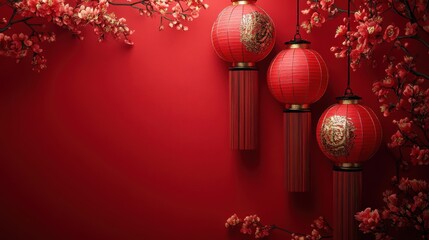 A vibrant display of red lanterns hanging against a crimson background, adorned with cherry blossoms, evoking a festive atmosphere.