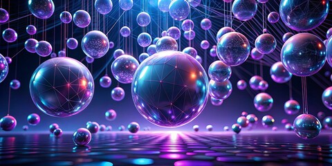 Naklejka premium Abstract Geometric Spheres Illuminated with Neon Lights Hanging from an Invisible Network