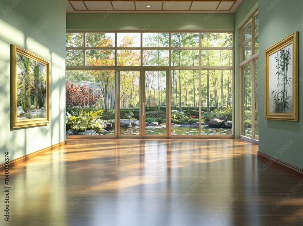 Poster a spacious gallery with large windows showcasing a serene garden view.