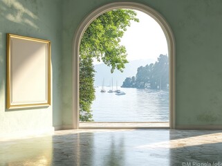 A serene view from an elegant room overlooking a tranquil lake and lush greenery.