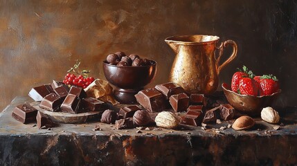 Chocolates and cocoa on a rustic table.