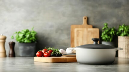 A stylish kitchen scene featuring a pot, fresh vegetables, and herbs on a wooden cutting board against a modern backdrop.