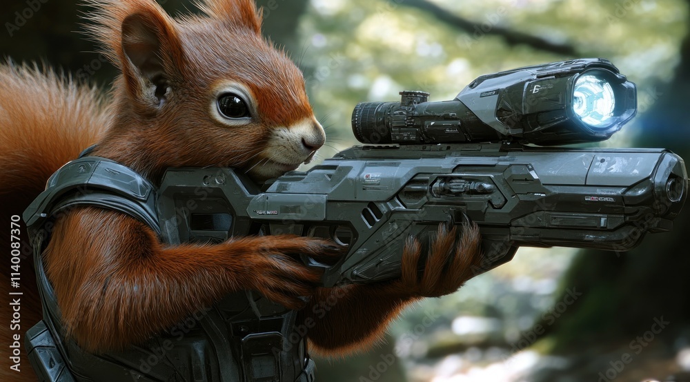 Poster a squirrel in armor holding a futuristic weapon in a forest setting.