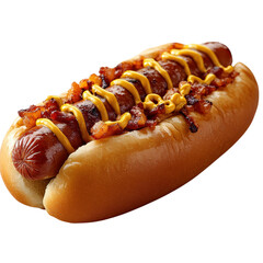 Delicious hot dog with mustard drizzle served on a white background for culinary delight