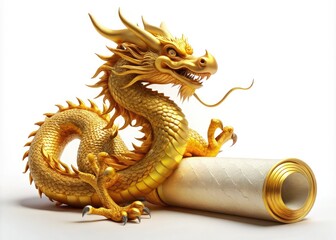 Fototapeta premium Ancient scroll, white backdrop: a fantasy golden dragon, oriental and majestic, its myth brought to life.