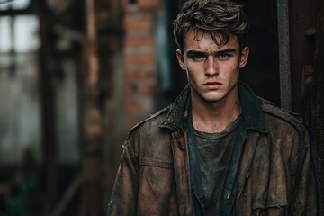 Obraz premium A young man with a serious expression, wearing a dirty leather jacket, stands in a grunge setting.