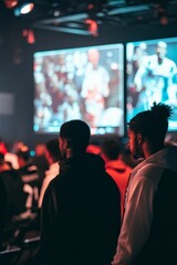 Two people watch a large screen displaying a game.