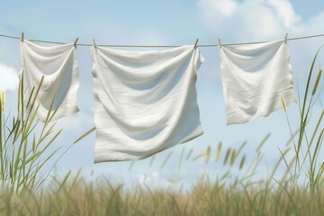 Freshly washed linen hanging on a clothesline under a clear blue sky surrounded by green grass. Generative AI