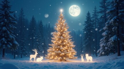 Fototapeta premium Majestic Christmas Tree in a Moonlit Snow-Covered Forest Clearing