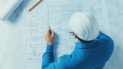 An engineer reviews architectural plans while wearing a safety helmet, illustrating construction and project planning.