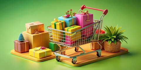 Online Shopping 3D Illustration: Realistic Basket, Delivery, Gift, Sale