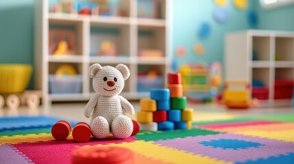A colorful playroom featuring a plush teddy bear and vibrant building blocks on a soft play mat, perfect for children's activities.