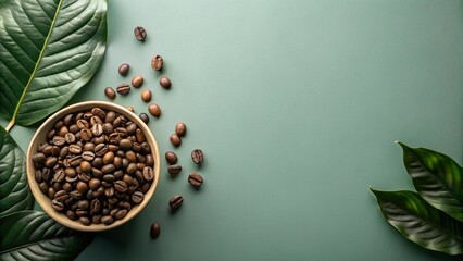 Aromatic Coffee Beans Resting in a Wooden Bowl with Lush Green Foliage