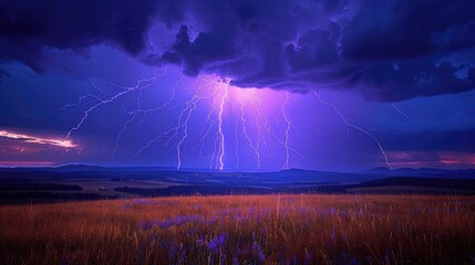 A dramatic landscape featuring a storm with lightning illuminating the sky over a grassy field.
