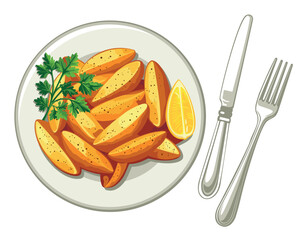 Fried potato country-style on white plate. Vector illustration