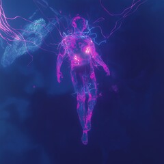 Ethereal Being: A captivating abstract figure, composed of vibrant blue and pink energy strands, floats effortlessly in the ethereal void. The image evokes a sense of wonder, mystery.