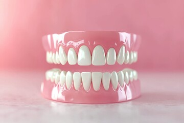 Obraz premium Dental health showcase close-up of artificial teeth model studio setting educational content vibrant background