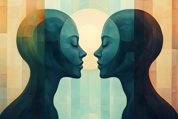 więź emocjonalna, abstrakcyjne twarze, minimalizm, łącząca linia, gradient pastelowy, połączenie emocji, współczucie, delikatne linie, miłość, zrozumienie, portret, minimalna grafika.

