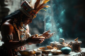 An indigenous shaman performs a sacred ritual, surrounded by incense and ancient artifacts.