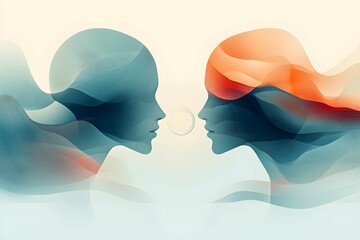 więź emocjonalna, abstrakcyjne twarze, minimalizm, łącząca linia, gradient pastelowy, połączenie emocji, współczucie, delikatne linie, miłość, zrozumienie, portret, minimalna grafika.
