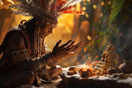 Native American shaman performing a ritualistic ceremony with burning incense, adorned in traditional regalia.