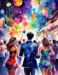 A vibrant party scene with people gathered around a bar, colorful lights and abstract patterns illuminating the background, creating a lively atmosphere