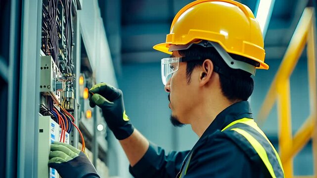 A focused Asian male electrician adjusts switchgear in an industrial plant. He is wearing a helmet, safety glasses, and a green uniform. Workplace safety and precision engineering theme.