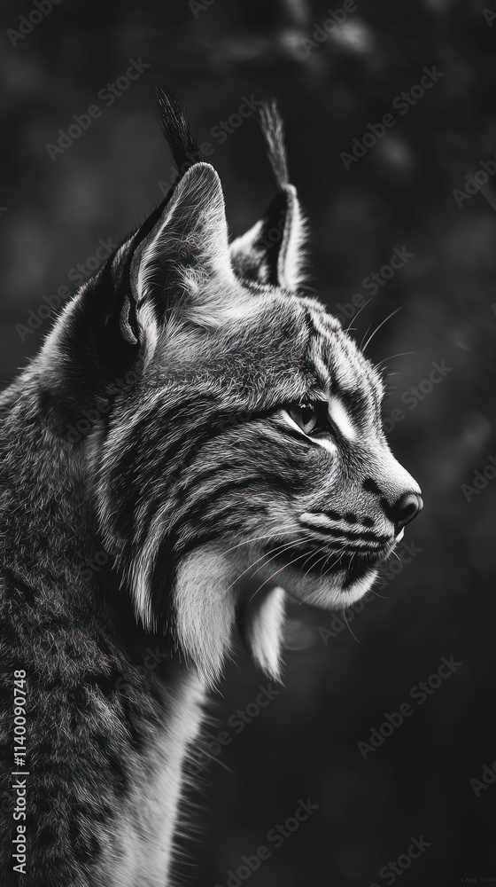 Poster a close-up profile of a lynx in black and white, showcasing its features and expression.