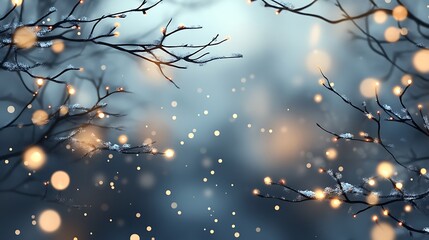 Christmas Lights On Snow-covered Branches With Bokeh Effect 