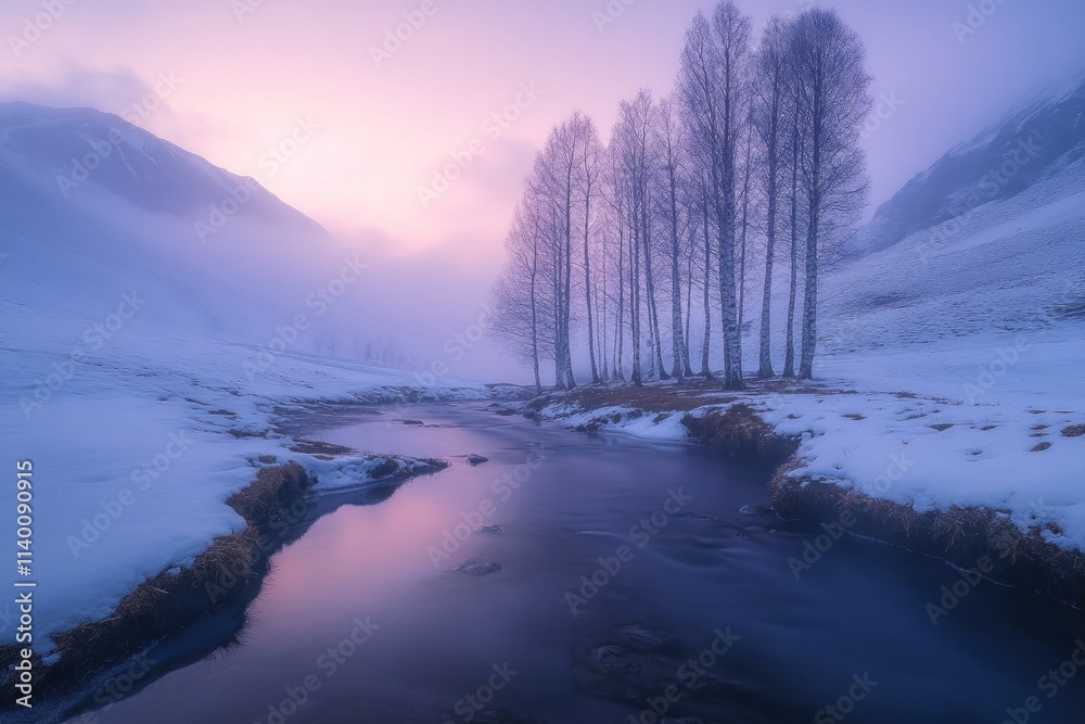 Poster a serene winter landscape with a stream and trees at twilight.