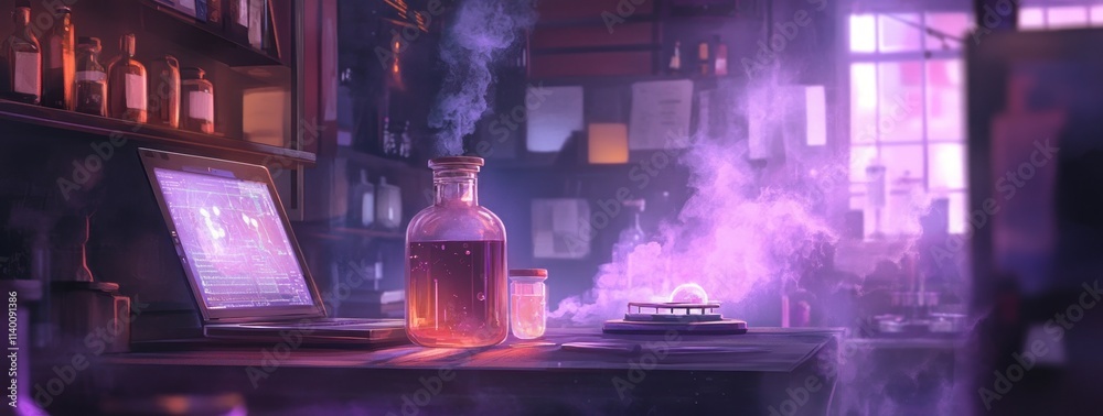 Poster A mystical laboratory scene with glowing potions and a computer.