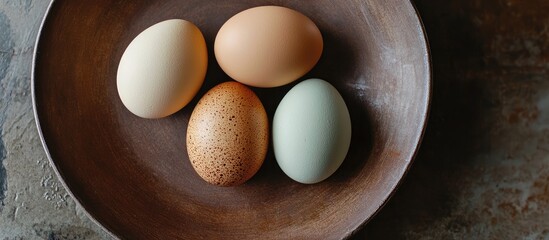 Natural dyed eggs displayed artfully on a rustic brown plate highlighting traditional culinary practices and organic colors in presentation