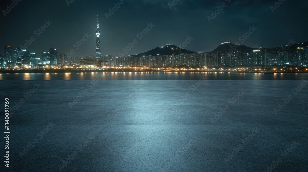 Poster Nighttime cityscape with a river view and illuminated skyline.